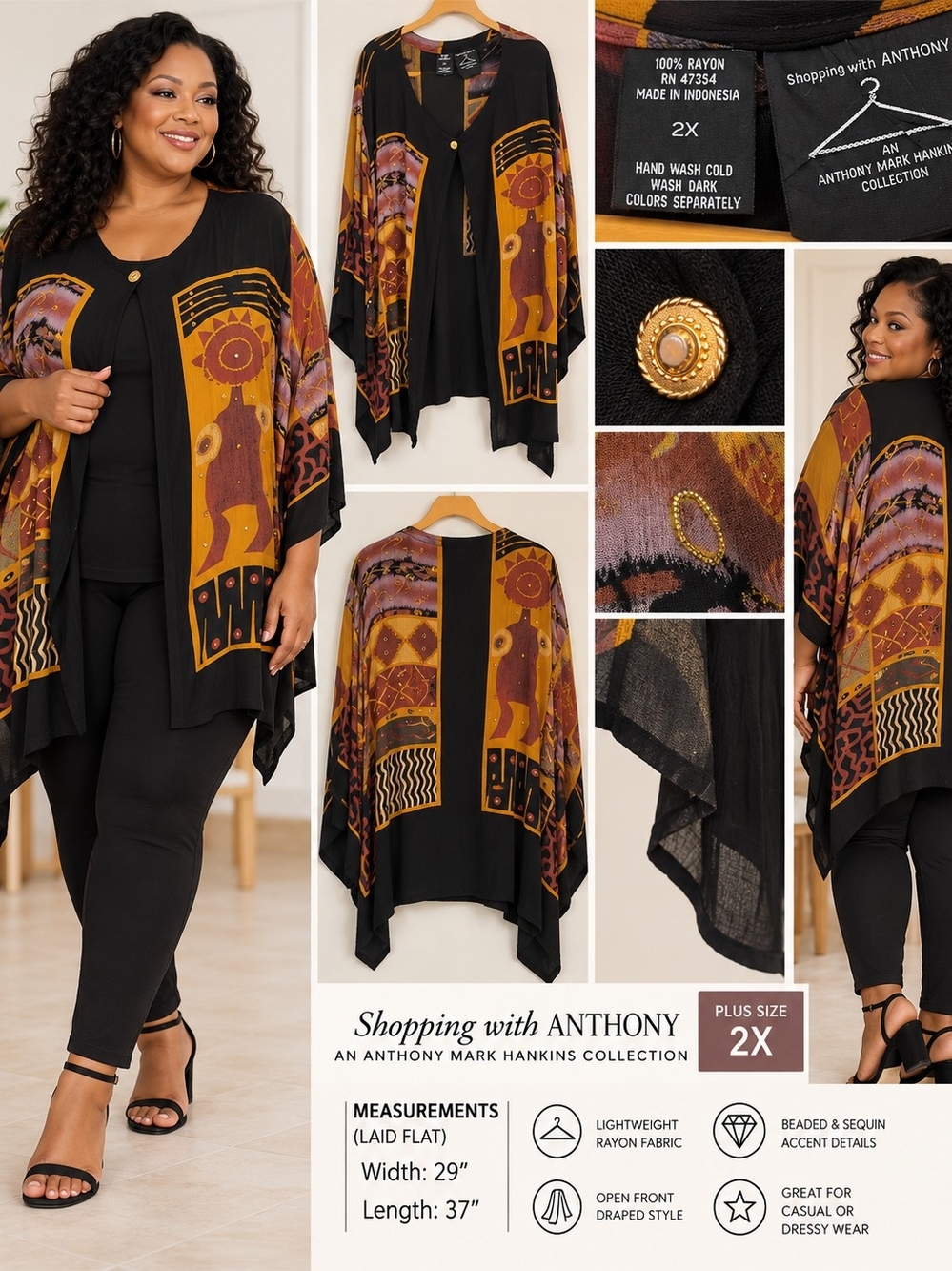 Anthony Mark Hankins 2X Embellished Open Front Cape Jacket Topper